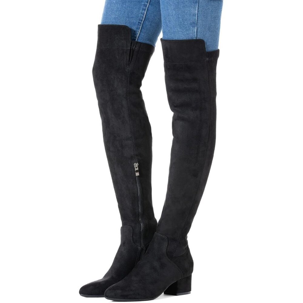 Women's Black High Thigh Low Block Heel Stylish Boots - Picture 4 of 6